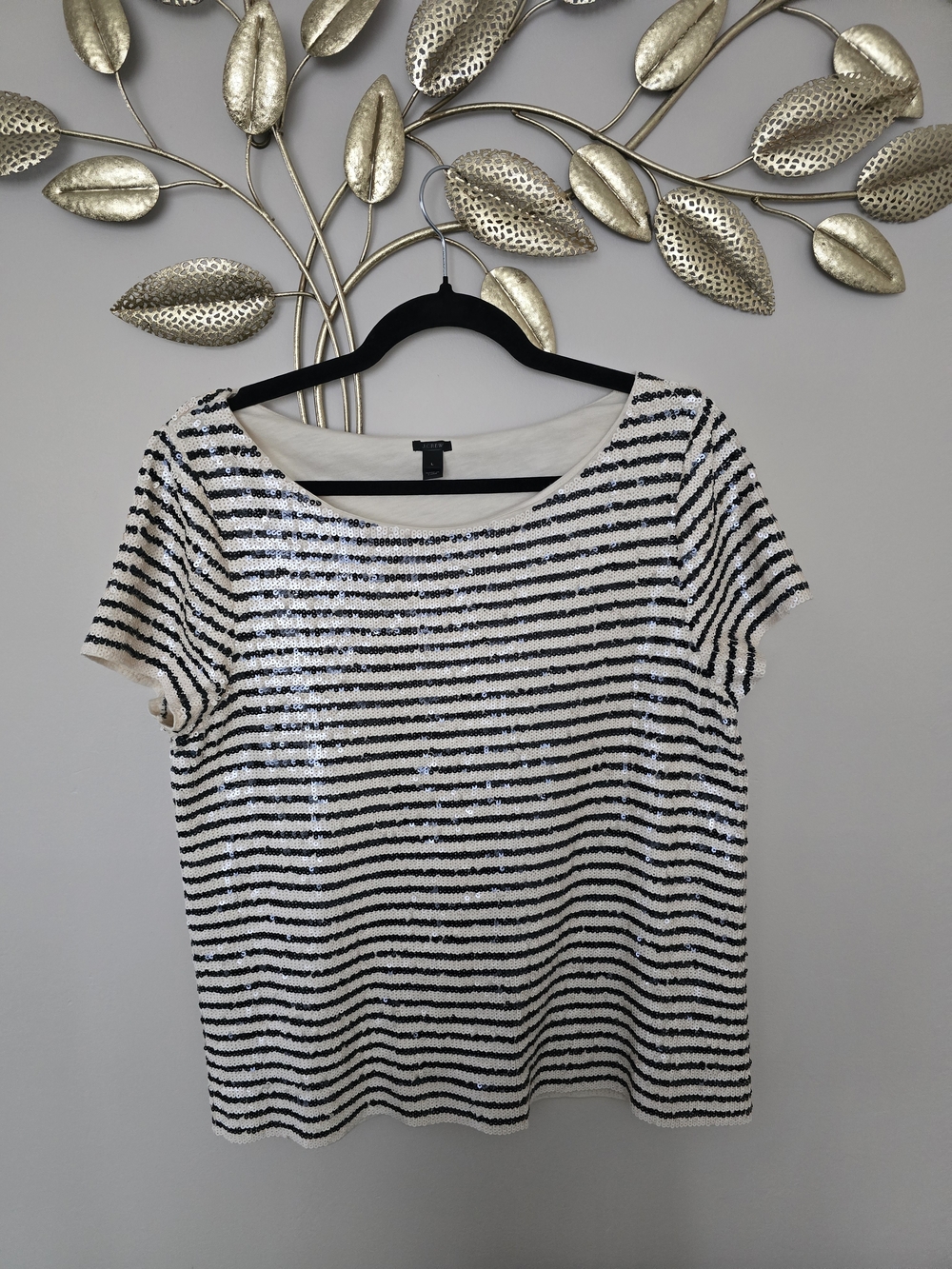 J. Crew Black & Avory Striped Sequin Short Sleeve Tee Size L Сotton